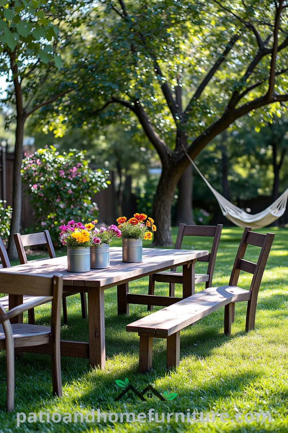 Cozy backyard design showcasing a wooden picnic table with mismatched chairs, vibrant wildflowers in tin cans, and a hammock between trees, creating an inviting outdoor retreat filled with unique ideas and inspirations for your home, featured on fireplacesandwoodstoves.com.