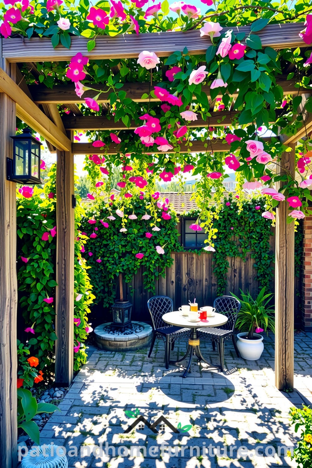 Backyard floral pergola covered in blooming flowers and climbing vines, with weathered wooden beams and a cobblestone patio, creating a cozy retreat for gatherings and tea, offering unique decor ideas for your home, from fireplacesandwoodstoves.com.