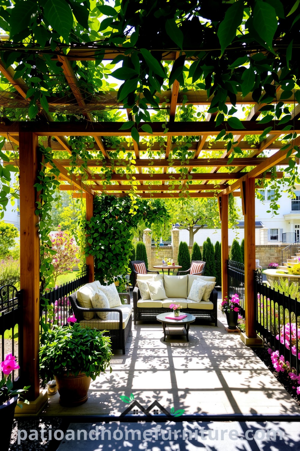 Cozy pergola in a vibrant garden with weathered wooden beams, climbing vines, soft cushions, and fragrant flowers, making it an ideal retreat; discover more cozy ideas at fireplacesandwoodstoves.com.