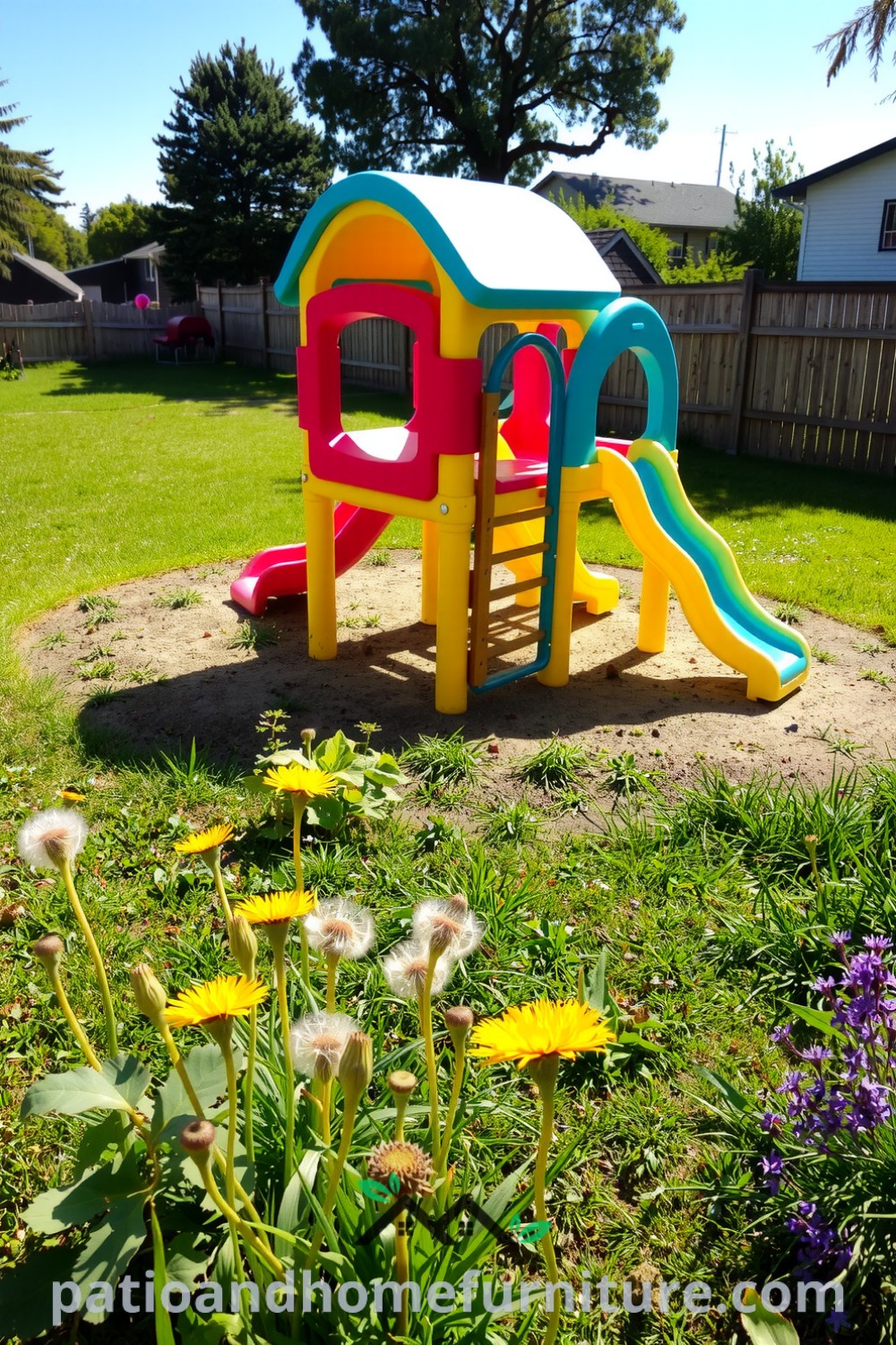 Colorful modular playground on well-worn grass surrounded by wildflowers, inviting laughter and play, reflecting joyful outdoor adventures, and showcasing unique decor ideas for a cozy home at fireplacesandwoodstoves.com.