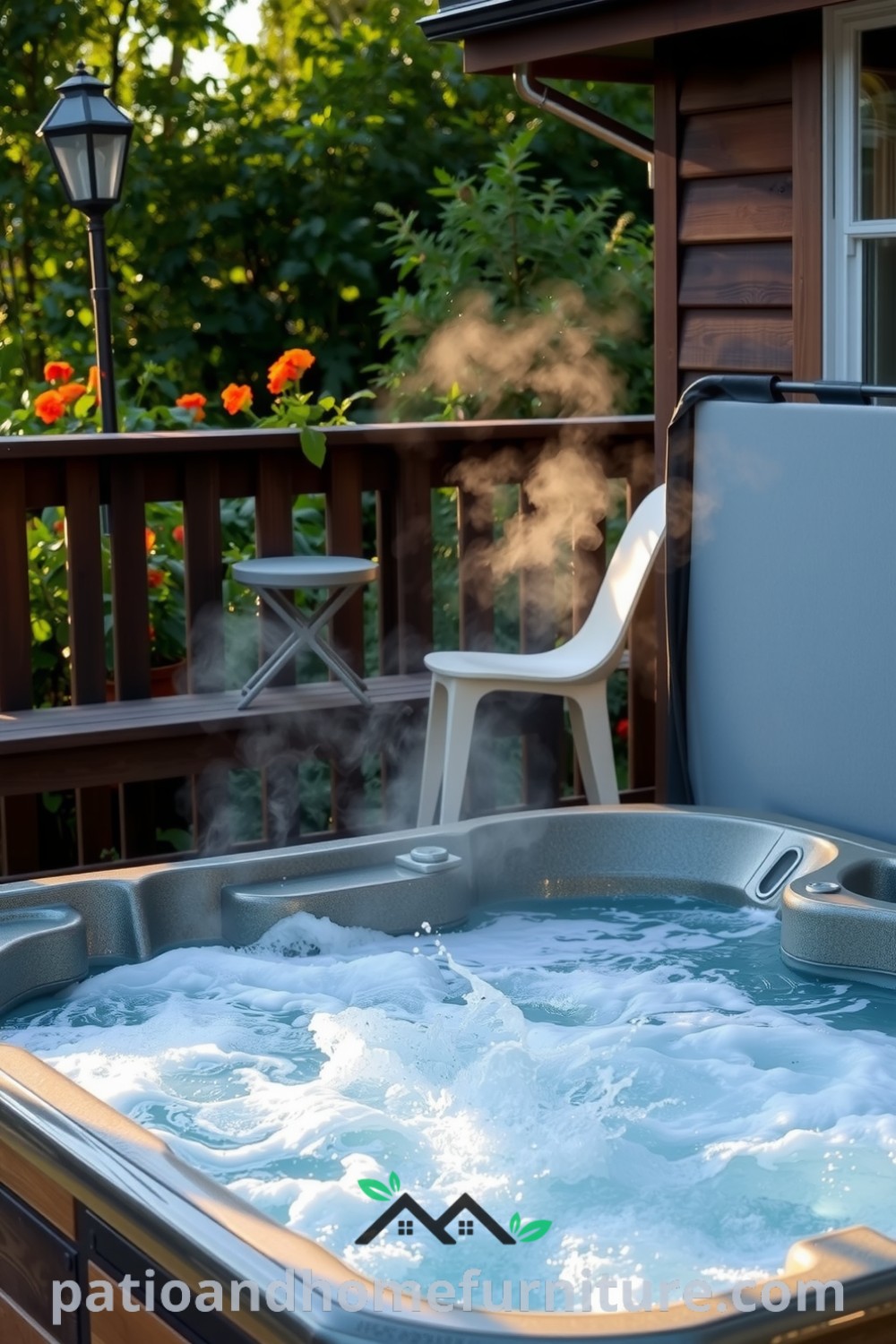 Hot tub on a wooden deck surrounded by vibrant greenery, with steam rising from the water, creating a cozy ambiance perfect for relaxation and inspiring outdoor decor ideas, ideal for your home, from fireplacesandwoodstoves.com.