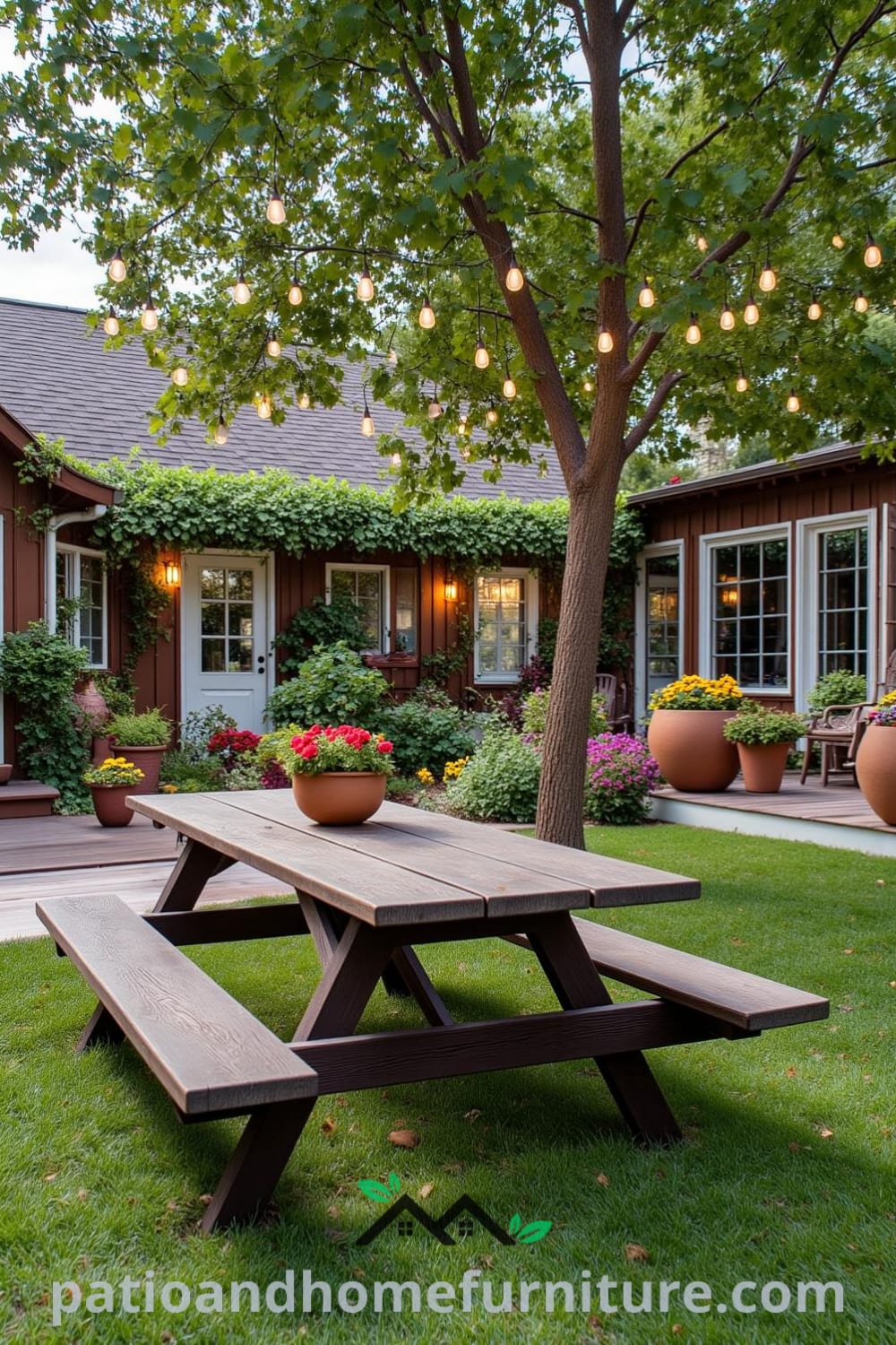 Cozy backyard retreat with weathered wooden decking, a rustic picnic table, string lights, overhanging trees, and colorful terracotta pots, offering inspiring ideas for your home and unique decor inspirations at fireplacesandwoodstoves.com.