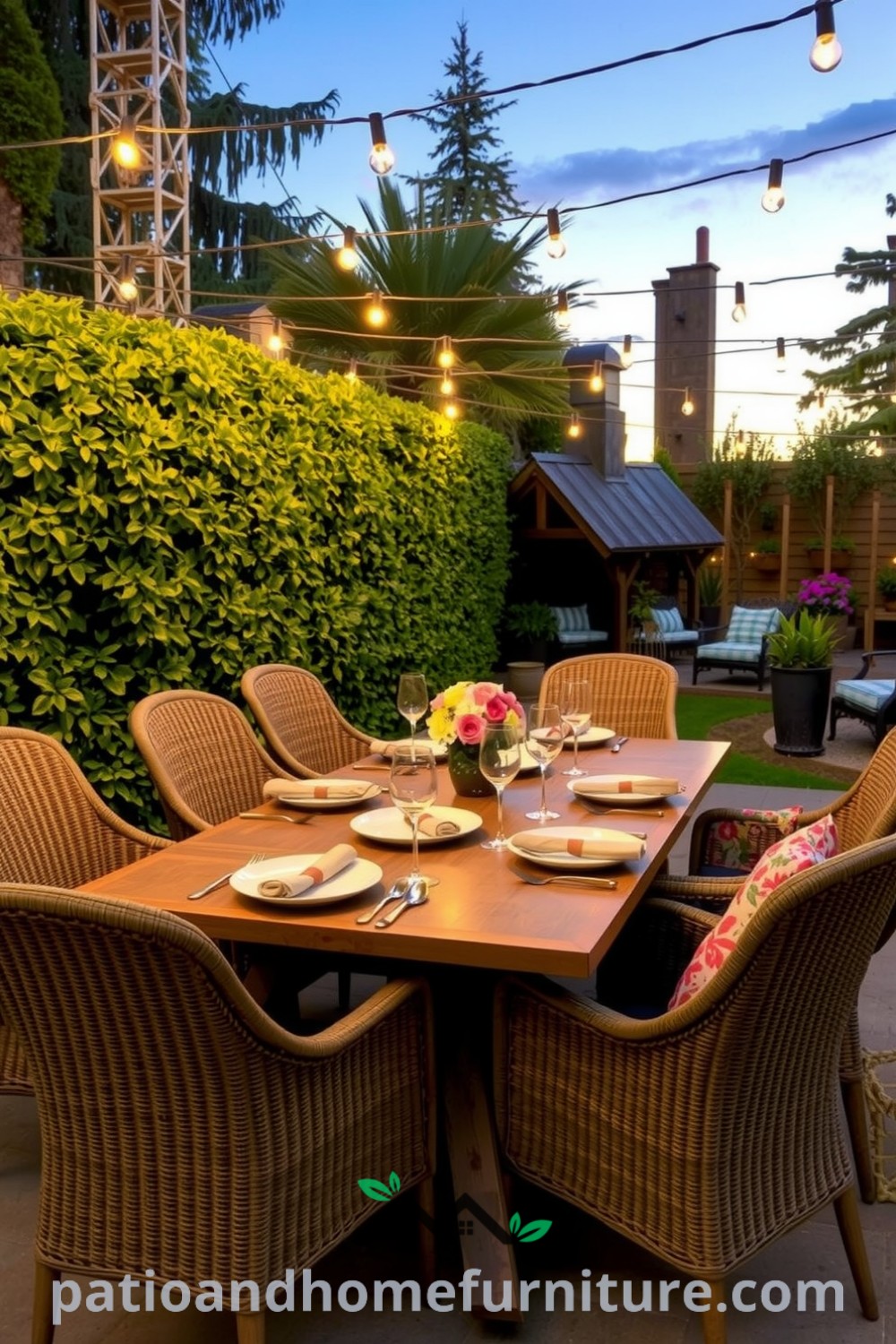 A cozy outdoor patio dining setup featuring mismatched ceramic plates, rustic wooden cutlery, surrounded by greenery and fairy lights, creating an enchanting ambiance, perfect for sharing meals and laughter, providing inspiring decor ideas for your home at fireplacesandwoodstoves.com.