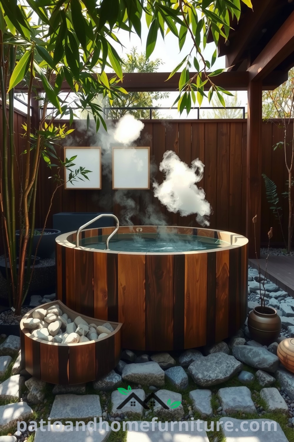 Japanese soaking hot tub crafted from aged wood, surrounded by bamboo and pebbles, with steam rising in a serene outdoor setting, creating an inspiring space for relaxation. Visit fireplacesandwoodstoves.com for unique decor ideas.