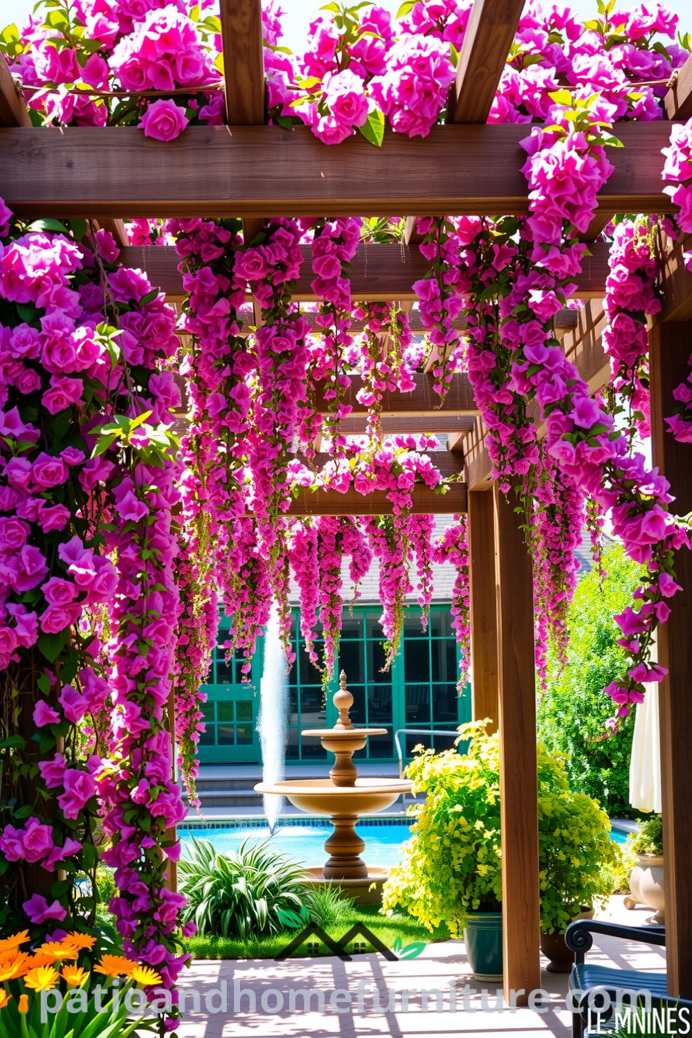 Floral pergola on a sun-dappled patio adorned with vibrant blooms and climbing vines, creating a serene outdoor retreat, with practical decor ideas for enhancing your cozy home. For inspiring designs and decor inspirations, visit fireplacesandwoodstoves.com.