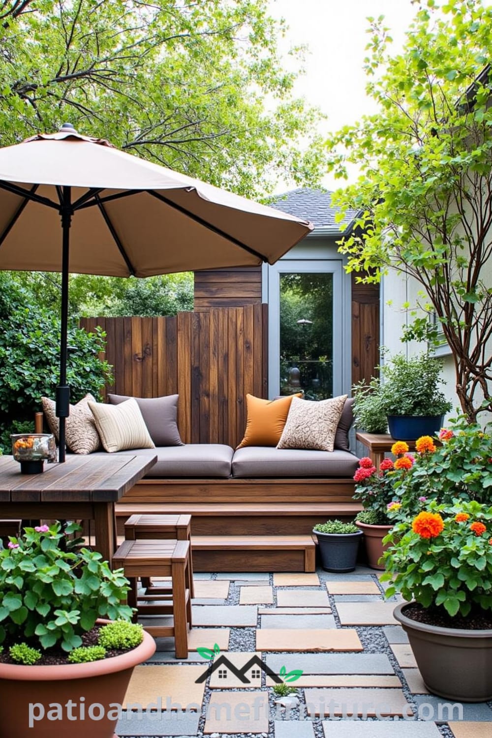 Charming backyard with a wooden deck, cozy cushions, rustic dining table under an umbrella, and vibrant potted plants surrounding a stone pathway, offering cozy ideas and decor inspirations for your home. Visit fireplacesandwoodstoves.com for unique ideas.