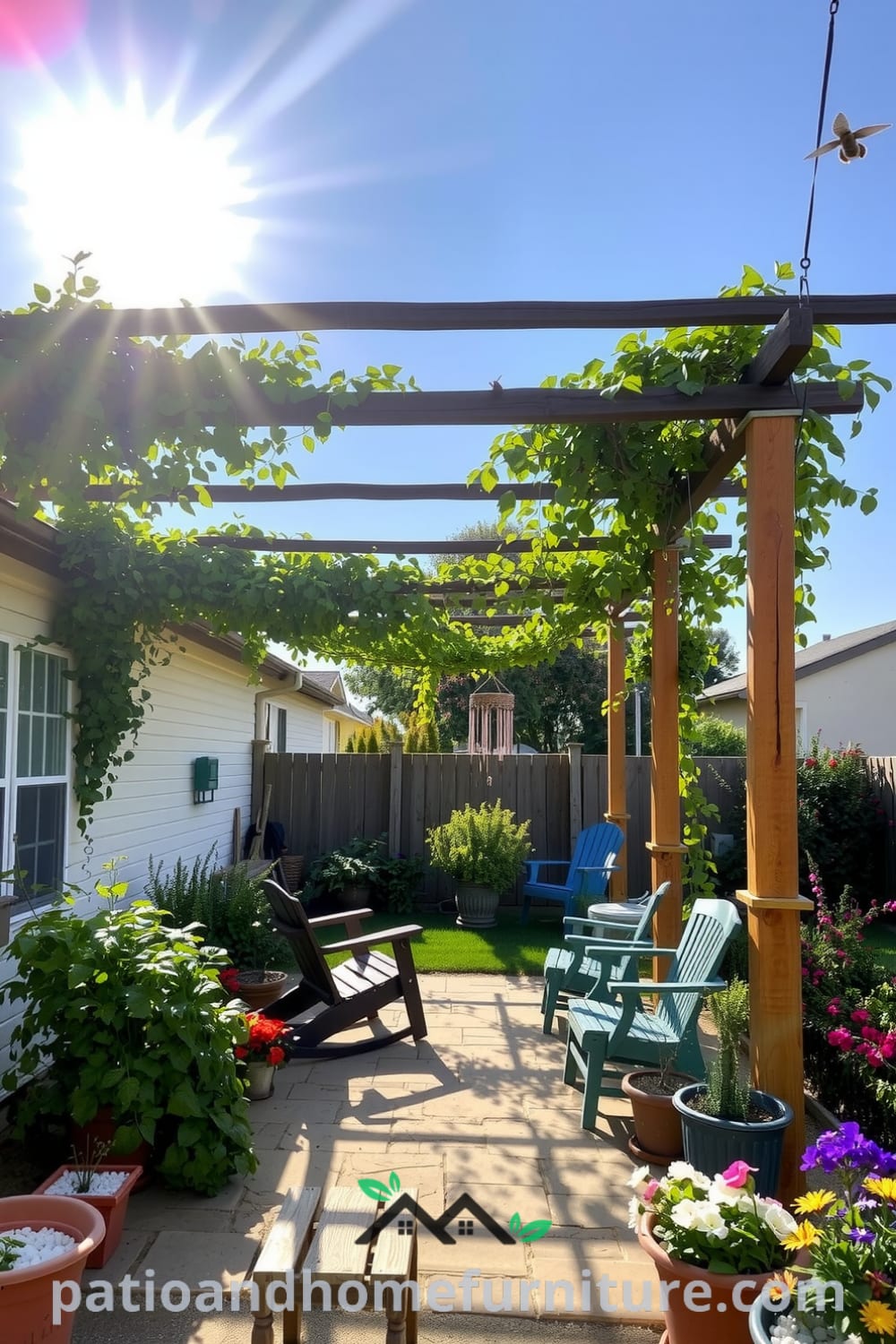 A cozy backyard retreat featuring a wooden pergola with climbing vines, a stone patio with mismatched chairs, vibrant potted herbs and flowers, and soothing wind chimes, showcasing unique design ideas for your home at fireplacesandwoodstoves.com.