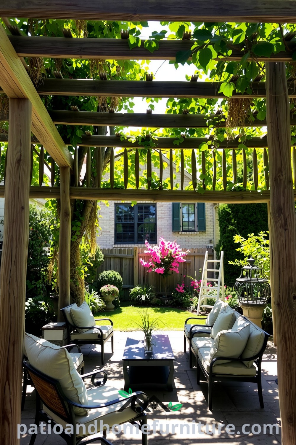 Freestanding pergola with weathered wooden beams covered in climbing vines, a stone patio below, and mismatched outdoor furniture adorned with faded cushions, creating a cozy home atmosphere, ideal for relaxation and inspiring decor ideas for your home at fireplacesandwoodstoves.com.