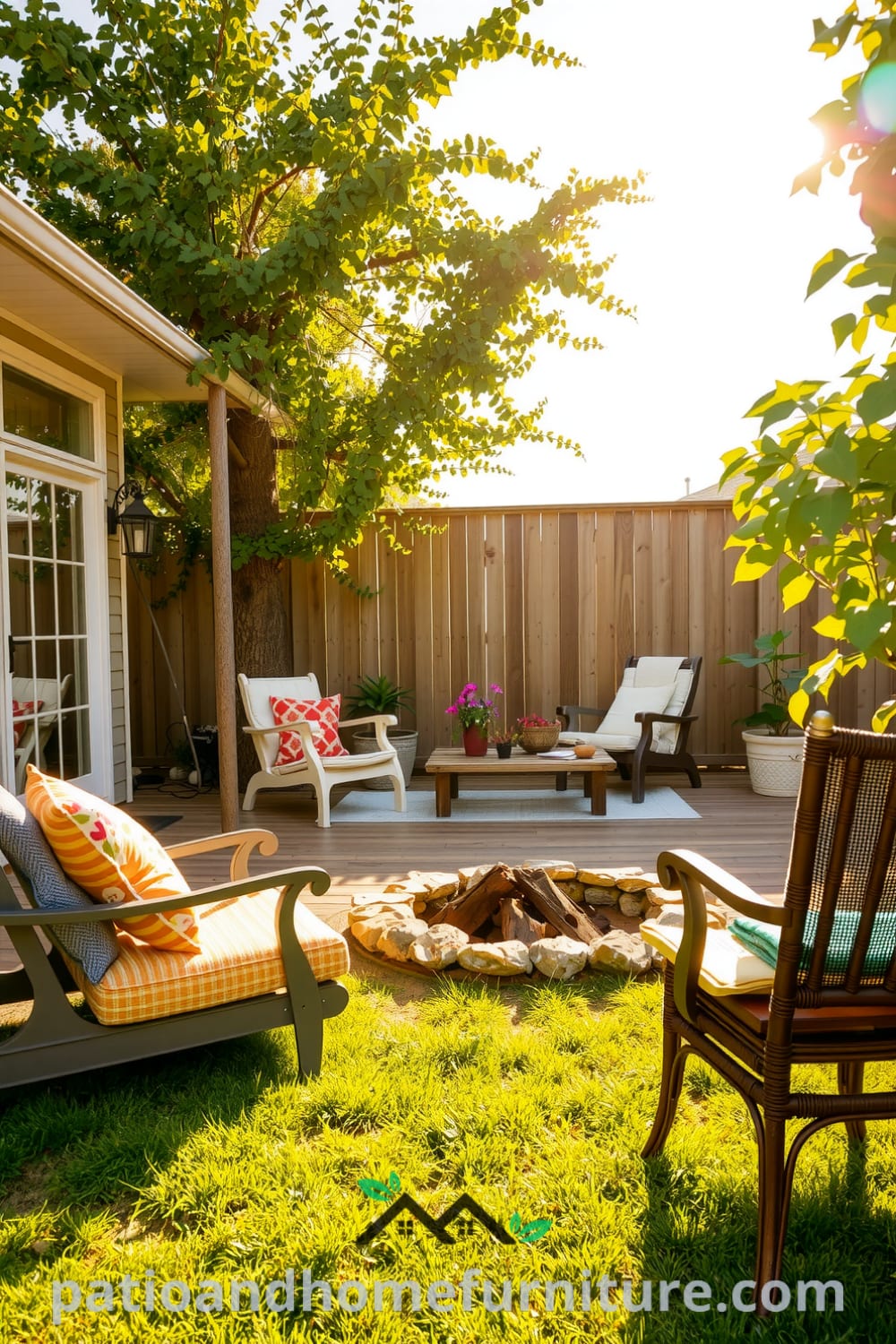 Cozy backyard setup with weathered wooden deck, mismatched chairs, colorful cushions, rustic trellis with climbing vines, and a small fire pit, showcasing inviting decor ideas for a comfortable home at fireplacesandwoodstoves.com.