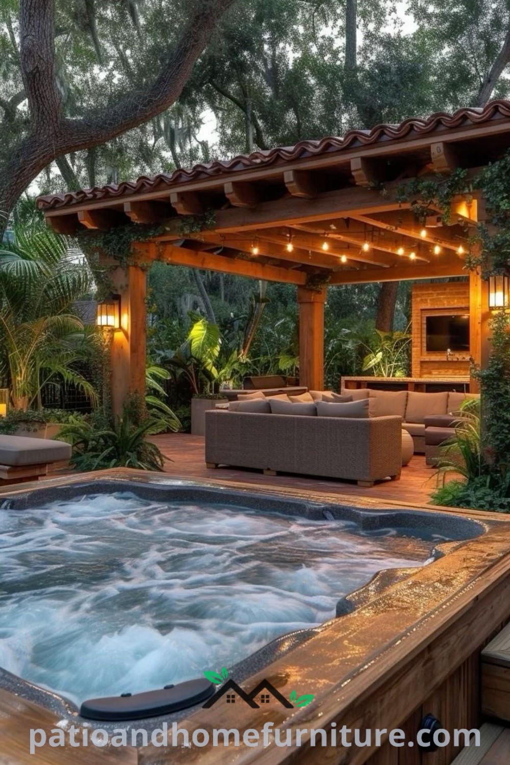 Outdoor hot tub on a wooden deck with cozy seating and decorative lights, creating a serene retreat, ideal for relaxation and social gatherings, offering inspiring ideas for your home on wellnesswink.com.
