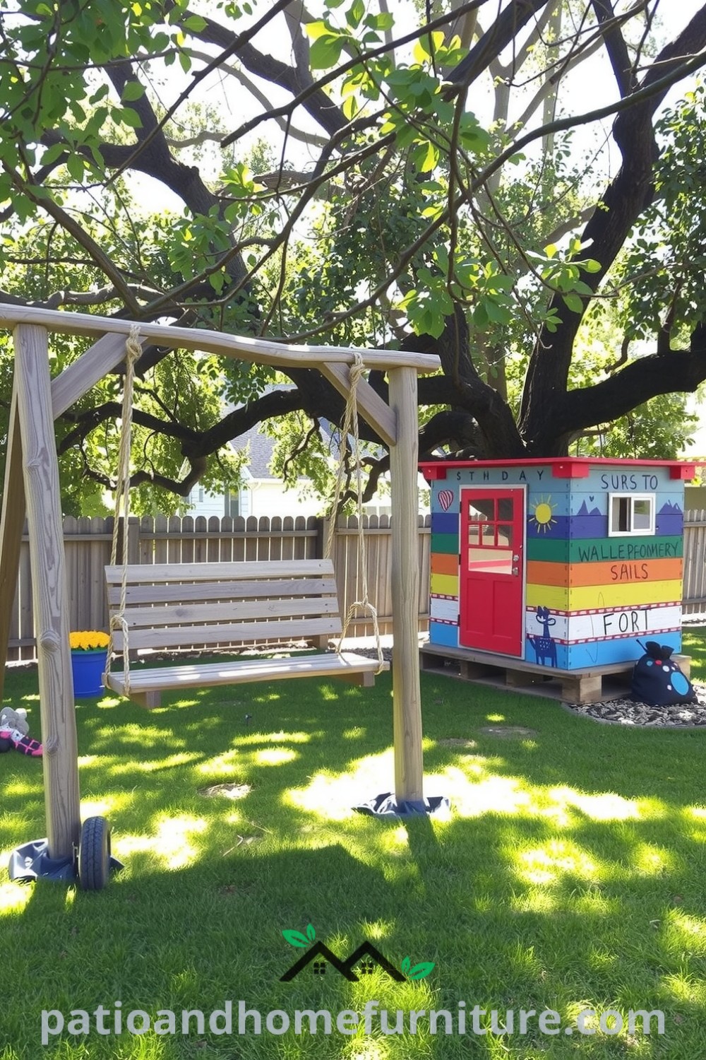 Cozy backyard playground featuring a rustic wooden swing set and a colorful fort made from repurposed pallets, surrounded by dappled sunlight filtering through an oak tree, perfect for inspiring playful summer memories and unique design ideas for your home, as seen on fireplacesandwoodstoves.com.