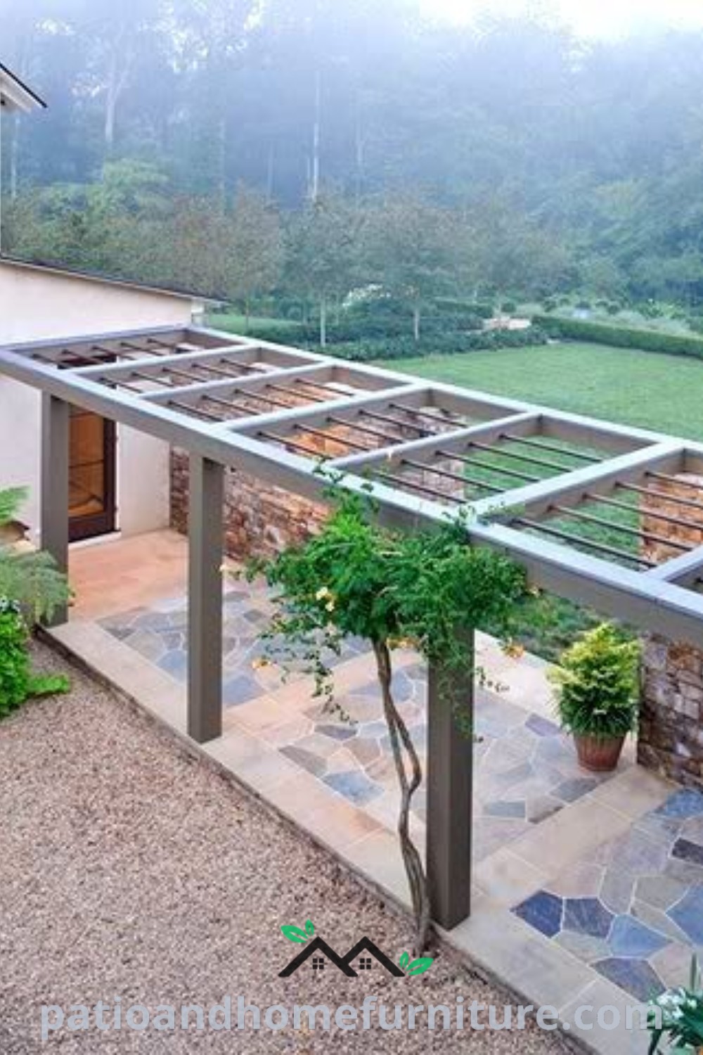 Outdoor patio with stone walkways and vibrant potted plants, featuring a wooden pergola, creating a cozy and inviting atmosphere perfect for gatherings, offering decor inspirations and unique ideas for your home at wellnesswink.com.
