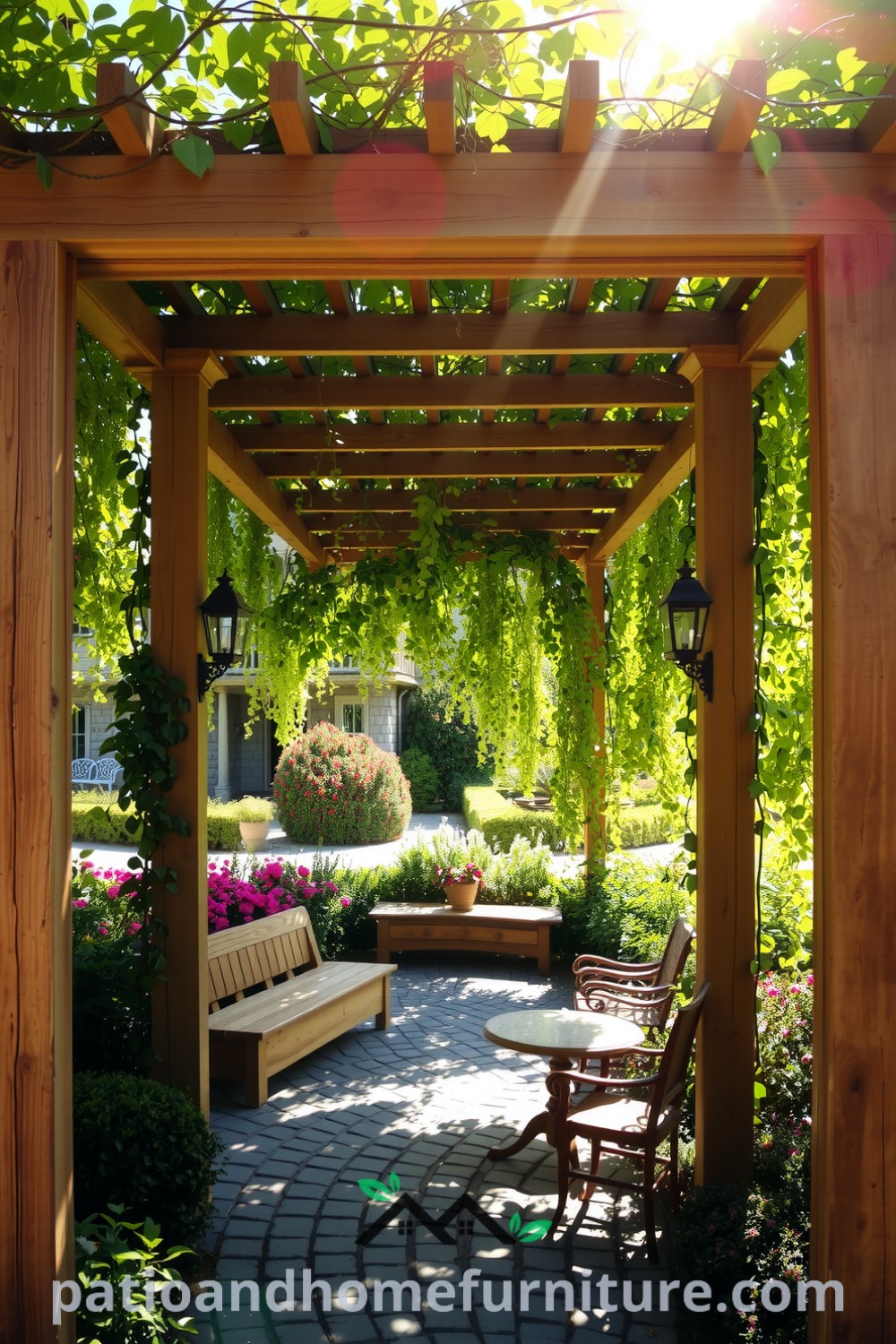 Cozy garden pergola retreat with vibrant climbing vines, rustic furniture, and dappled sunlight creating an inviting atmosphere, perfect for gatherings and relaxation. Design ideas for your home available at fireplacesandwoodstoves.com.