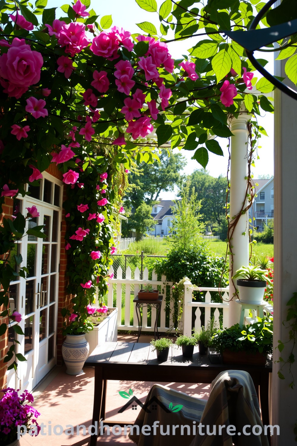 Floral vinyl pergola arching over a quaint patio with vibrant climbing vines, a weathered wooden table filled with potted herbs, creating cozy decor ideas and inspirations for your home, featured on fireplacesandwoodstoves.com.