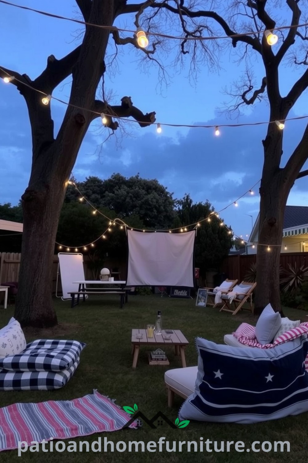 Backyard cinema with cozy decorations under fairy lights, showcasing a makeshift screen between trees, comfortable seating with cushions and blankets, and the aroma of popcorn, offering inspiring decor ideas for a cozy home at fireplacesandwoodstoves.com.