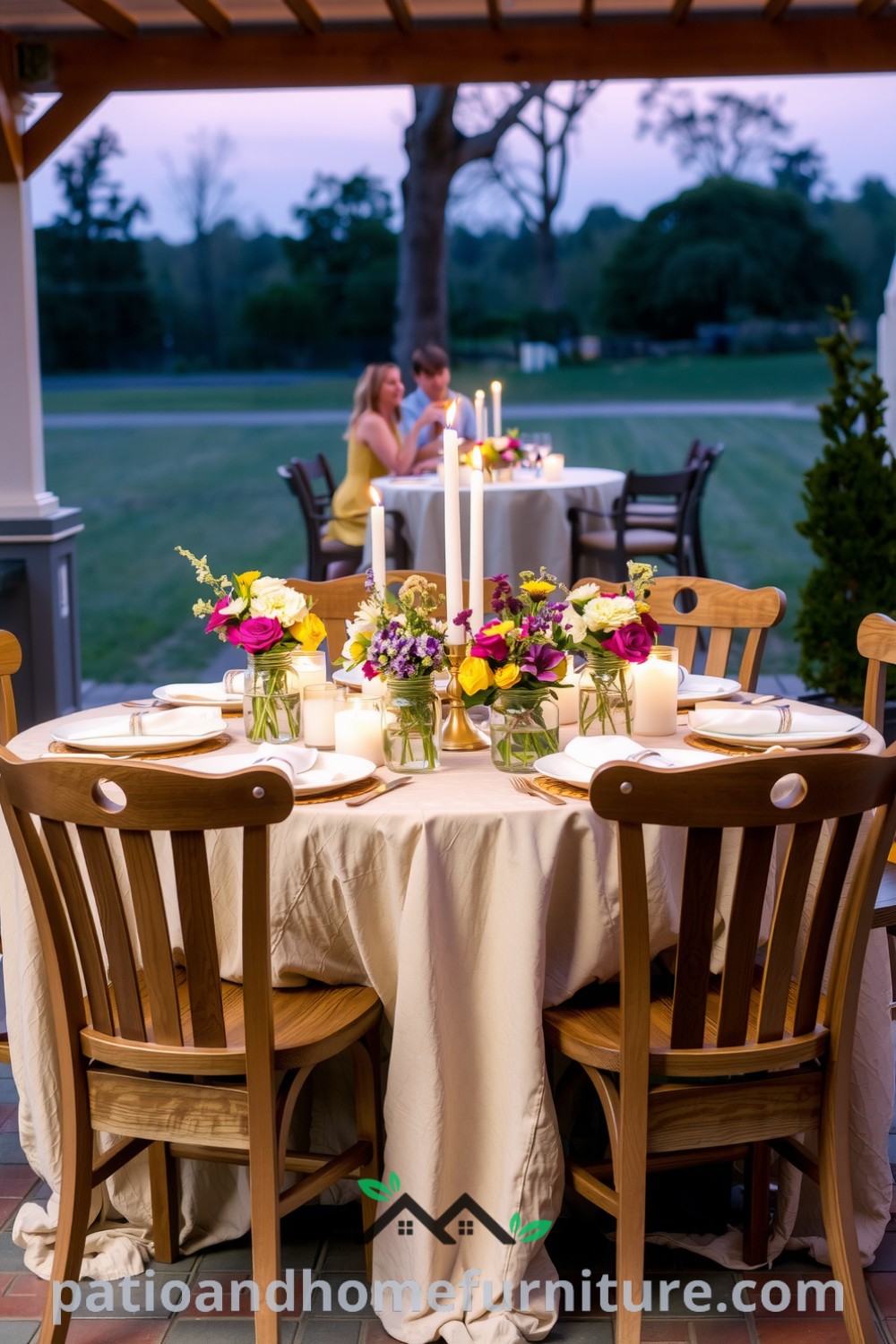Charming outdoor patio table set for a gathering, featuring a textured tablecloth, wildflowers in glass jars, flickering candles, and weathered wooden chairs, creating a warm and inviting atmosphere perfect for memorable moments at fireplacesandwoodstoves.com.