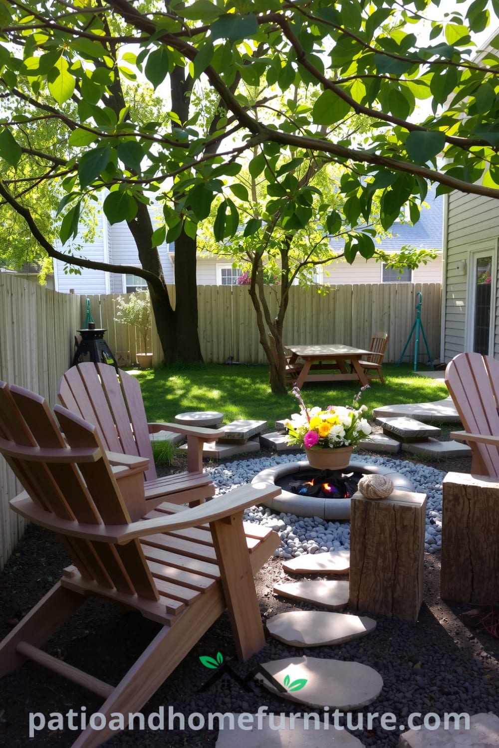 Charming backyard featuring weathered wooden deck chairs, a rustic table with vibrant wildflowers, and a cozy fire pit surrounded by pebbles; perfect for inspiring decor ideas and creating a cozy home environment, visit fireplacesandwoodstoves.com for unique inspirations.