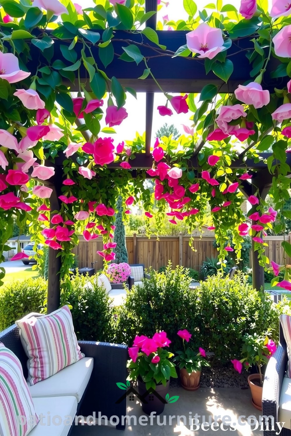 A cozy floral pergola adorned with vibrant blossoms and cascading vines, featuring comfortable seating and warm sunlight filtering through, creating an inviting atmosphere perfect for relaxation and gatherings, as seen on fireplacesandwoodstoves.com.