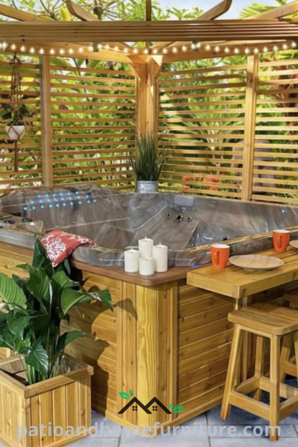 Cozy outdoor hot tub surrounded by plants and stools, with ideas for design inspirations and decor ideas that enhance relaxation, available at wellnesswink.com.