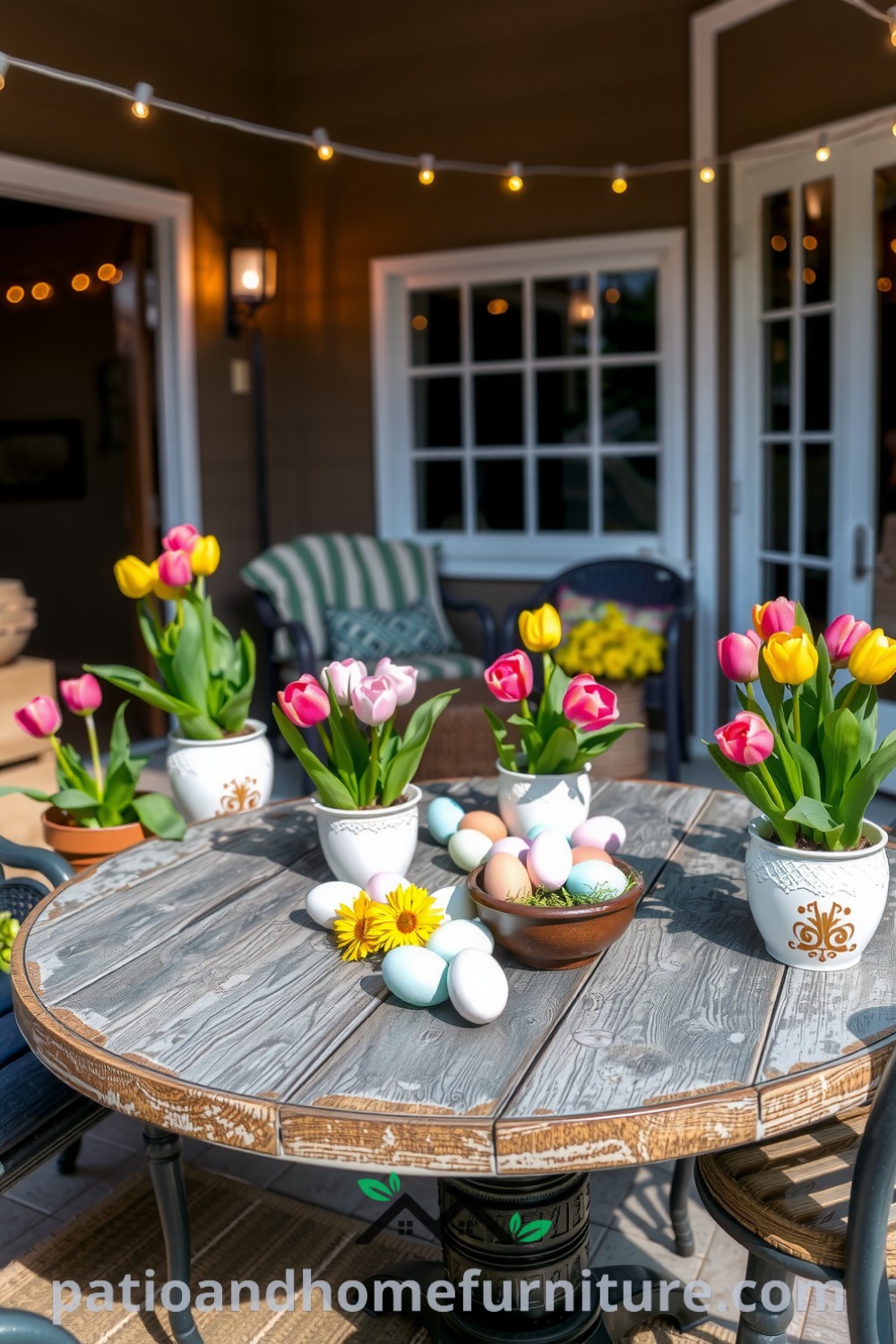 Delightful patio adorned with pastel Easter eggs, colorful tulips, and twinkling lights, creating a cozy spring atmosphere that inspires unique decor ideas for your home, available at fireplacesandwoodstoves.com.