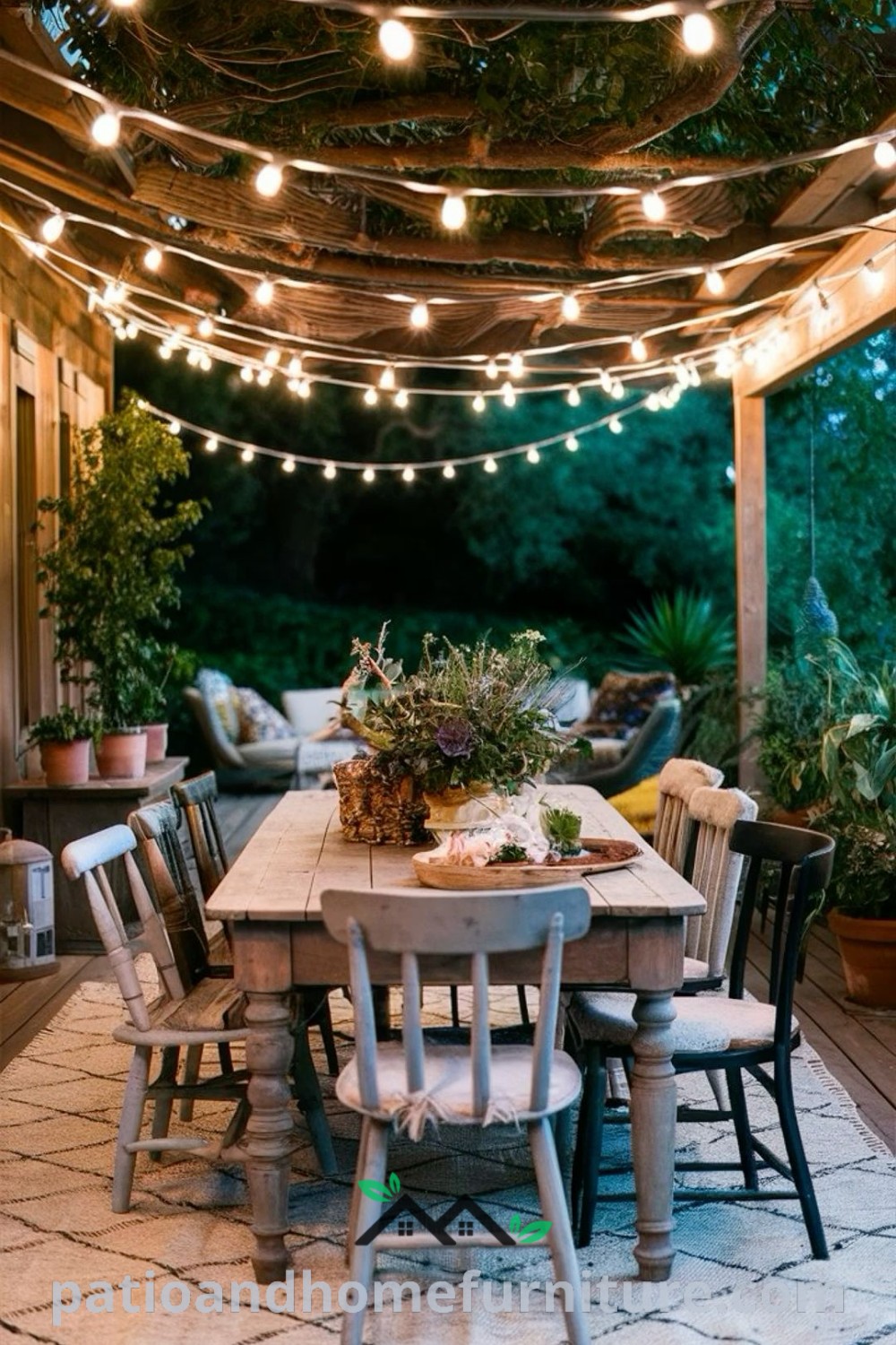 Charming outdoor dining area with a rustic table, string lights overhead, and cozy decor, perfect for al fresco meals, creating an inviting atmosphere for gatherings, featuring design ideas from wellnesswink.com.