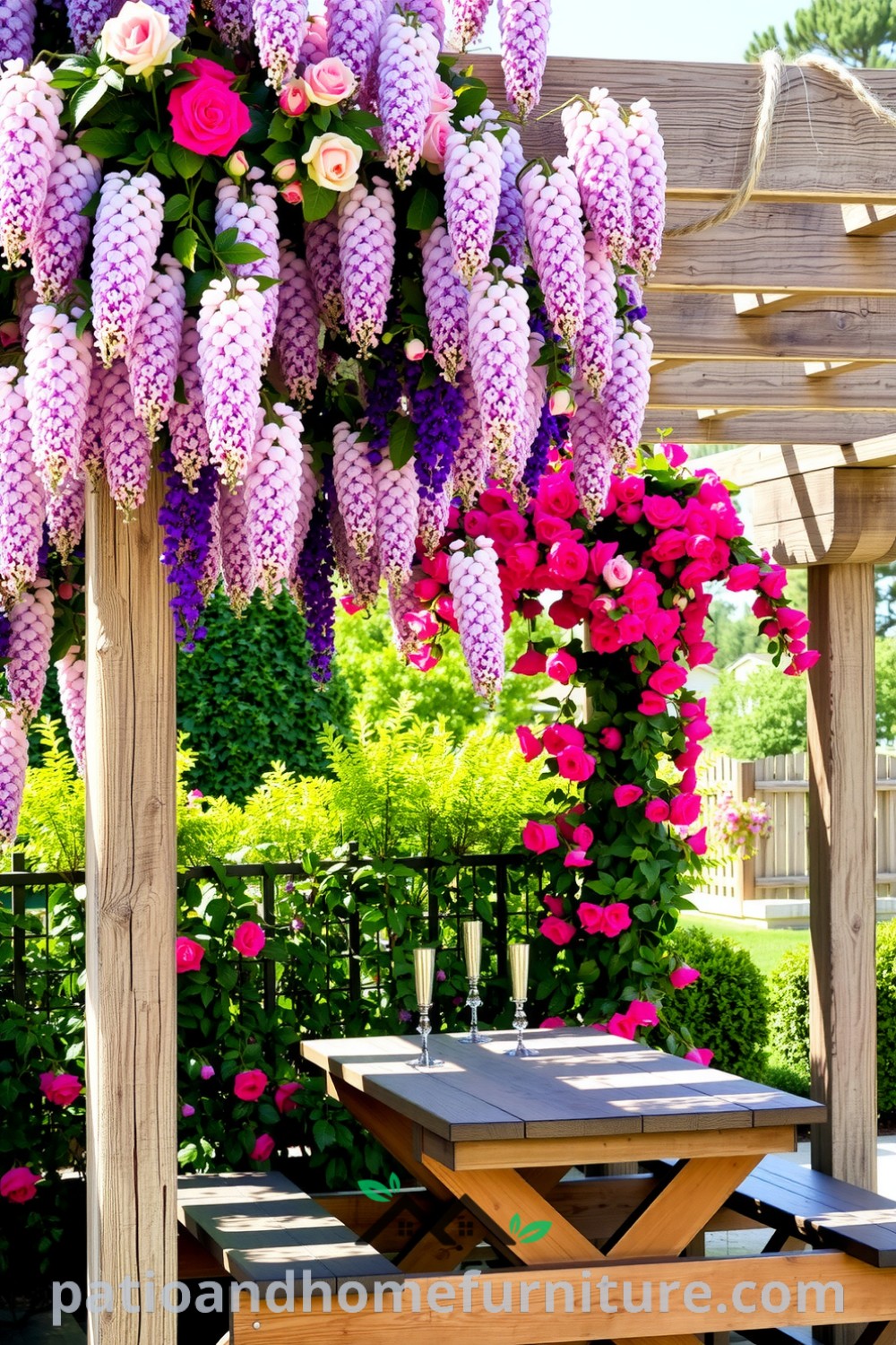 Floral pergola adorned with cascading wisteria and vibrant roses, featuring a rustic wooden table set for outdoor gatherings, inspiring cozy decor ideas for creating unique and inviting spaces, visit fireplacesandwoodstoves.com.