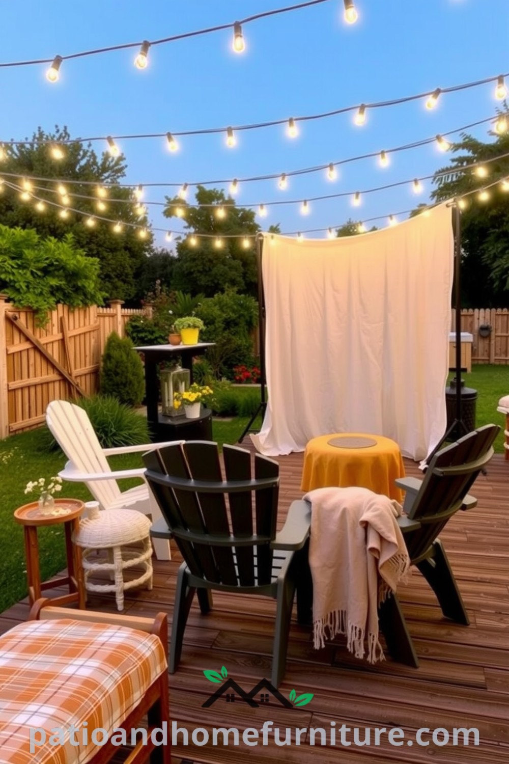 Backyard cinema scene with mismatched lawn chairs, a soft fabric screen, twinkling string lights, and cozy blankets, creating a warm and inviting atmosphere for an outdoor movie night, featuring elements of decor inspiration and cozy ideas from fireplacesandwoodstoves.com.