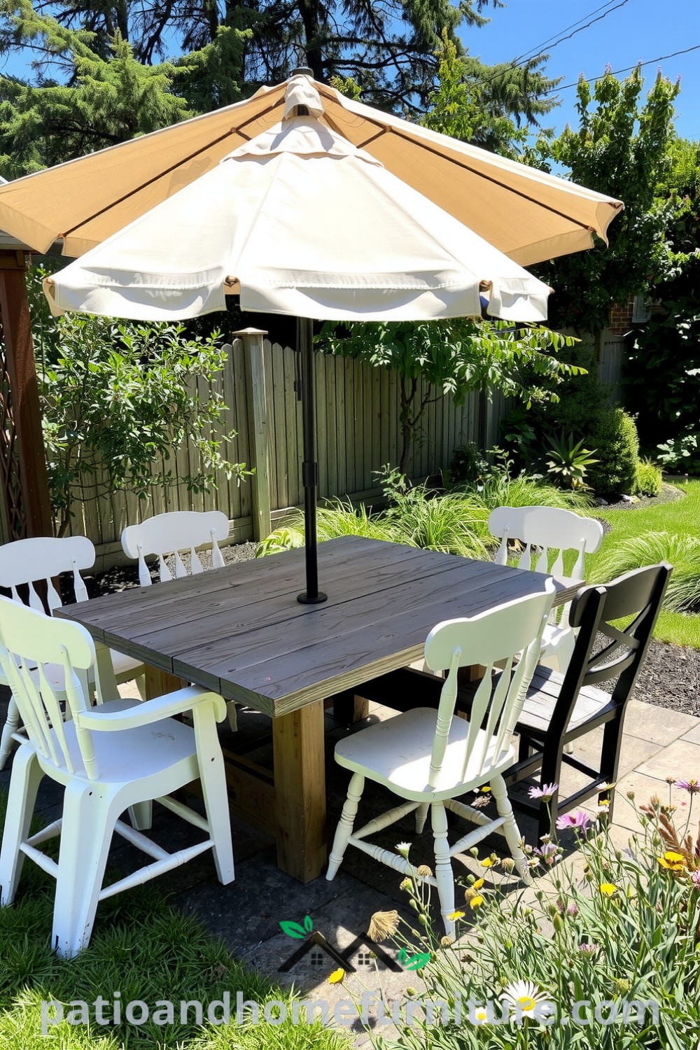 Cozy backyard picnic corner with a weathered wooden table and mismatched chairs, enhanced by a lightweight umbrella and swaying wildflowers, creating a relaxed atmosphere perfect for family gatherings and inspiring decor ideas for your home at fireplacesandwoodstoves.com.