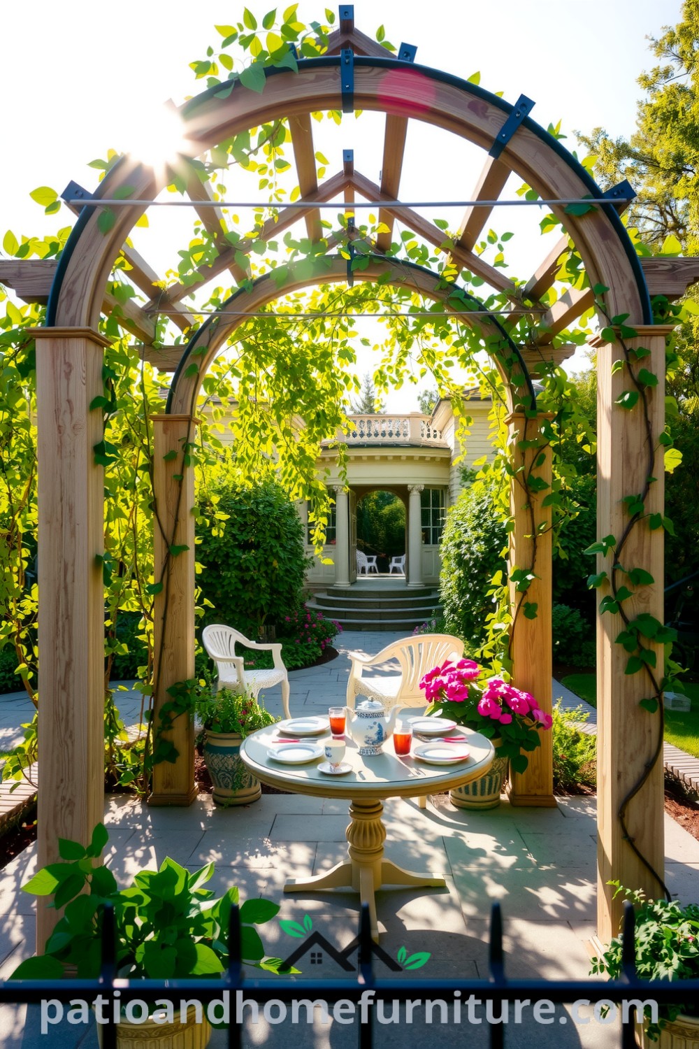 Cozy garden scene with an arched pergola draped in vines, a rustic table set for tea with mismatched china, and blooming flowers creating an inviting and serene atmosphere, offering unique ideas for your home