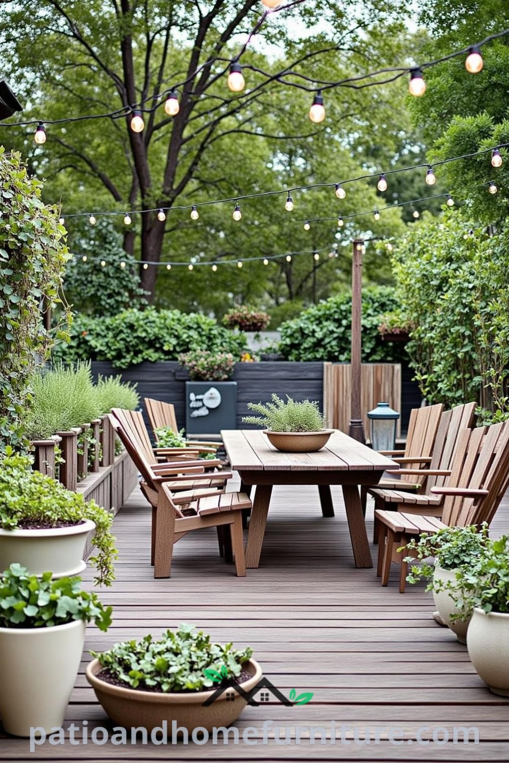 Charming backyard with a rustic wooden deck, mismatched lounge chairs, potted herbs, and a sturdy picnic table under twinkling lights, offering cozy ideas and decor inspirations for creating an inviting outdoor space at fireplacesandwoodstoves.com.