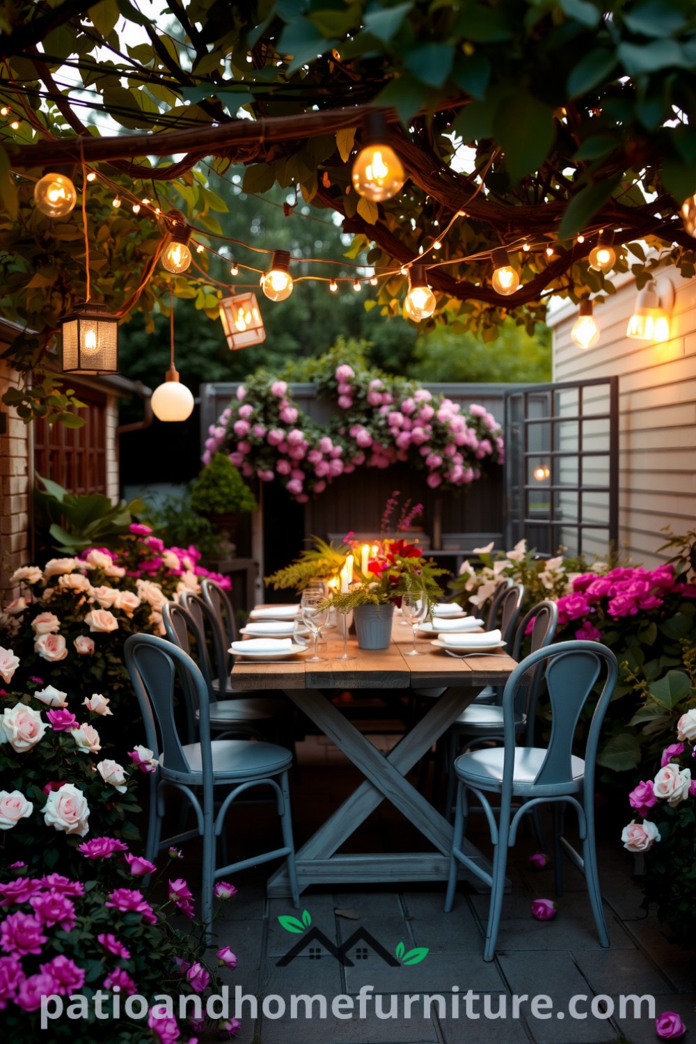 Cozy outdoor dining space surrounded by blooming flowers, featuring a reclaimed wood table and mismatched chairs, illuminated by twinkling fairy lights, creating an inviting atmosphere for al fresco gatherings. Visit fireplacesandwoodstoves.com for unique ideas and decor inspirations.