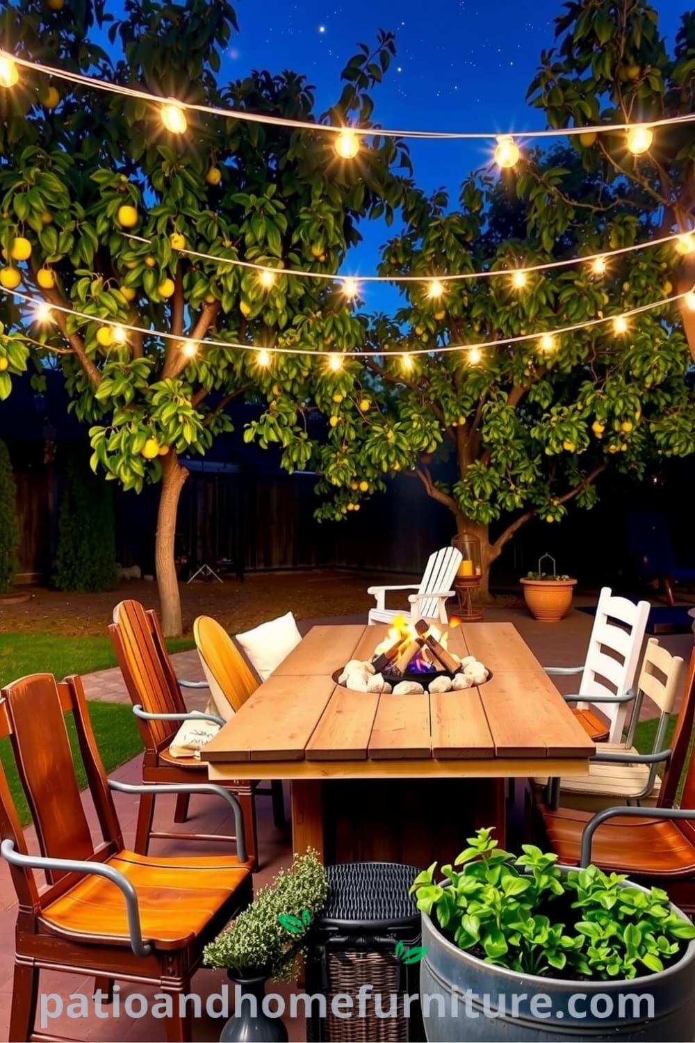 Cozy backyard patio featuring a rustic wooden table, mismatched weathered chairs, a warm glow from string lights, and an inviting fire pit, surrounded by fruit trees and potted herbs, showcasing unique ideas for outdoor decor at fireplacesandwoodstoves.com.