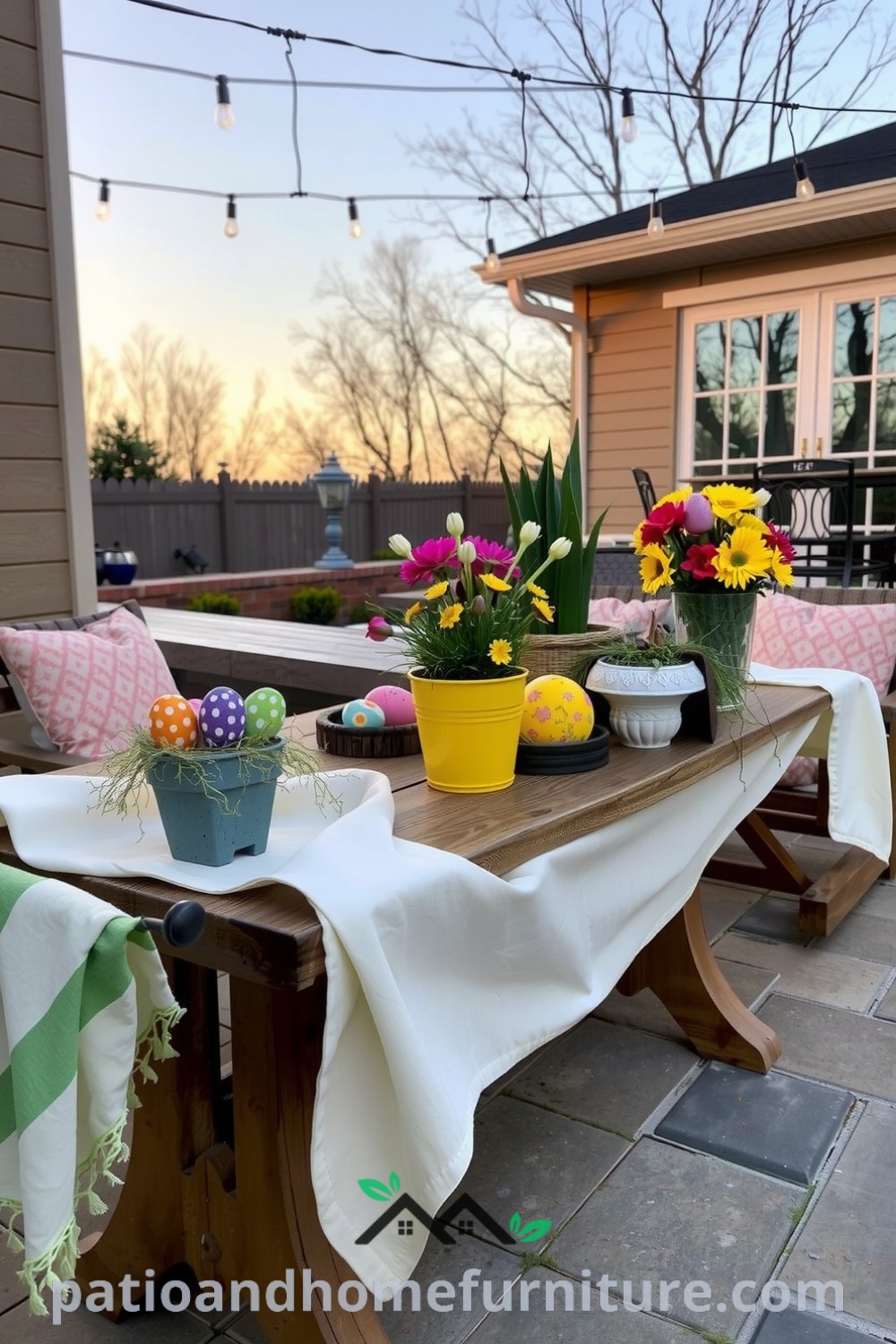 Colorful outdoor patio scene featuring a rustic wooden table decorated with vibrant painted eggs and delicate spring flowers, complemented by twinkling string lights and a cozy, inviting atmosphere, perfect for gatherings. Discover inspiring decor ideas for your home at fireplacesandwoodstoves.com.