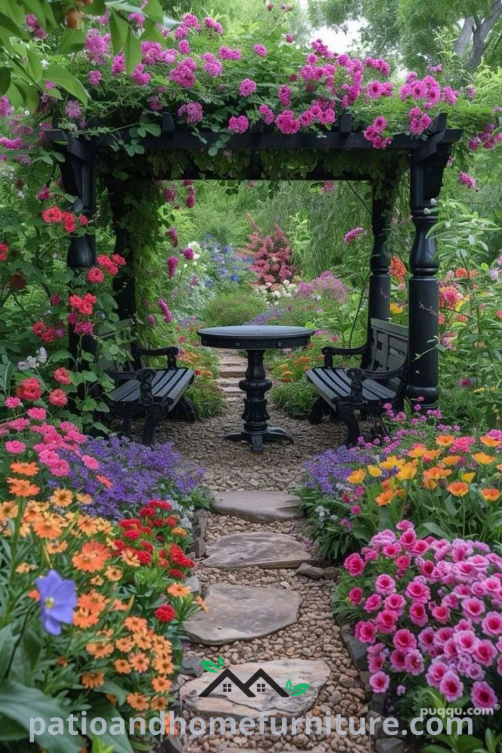 A cozy garden filled with vibrant flowers beside a stone path leading to a bench, showcasing unique design ideas for your home and backyard landscaping at wellnesswink.com.