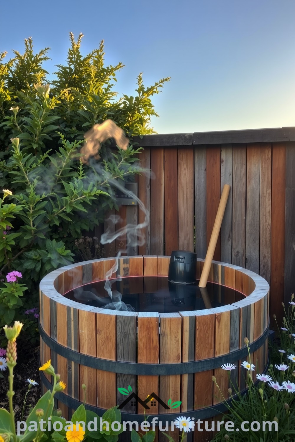 Wooden hot tub in a rustic garden, surrounded by greenery and wildflowers, with steam rising from the water in a warm sunset glow creating a serene atmosphere, offering unique ideas for cozy home decor inspirations at fireplacesandwoodstoves.com.