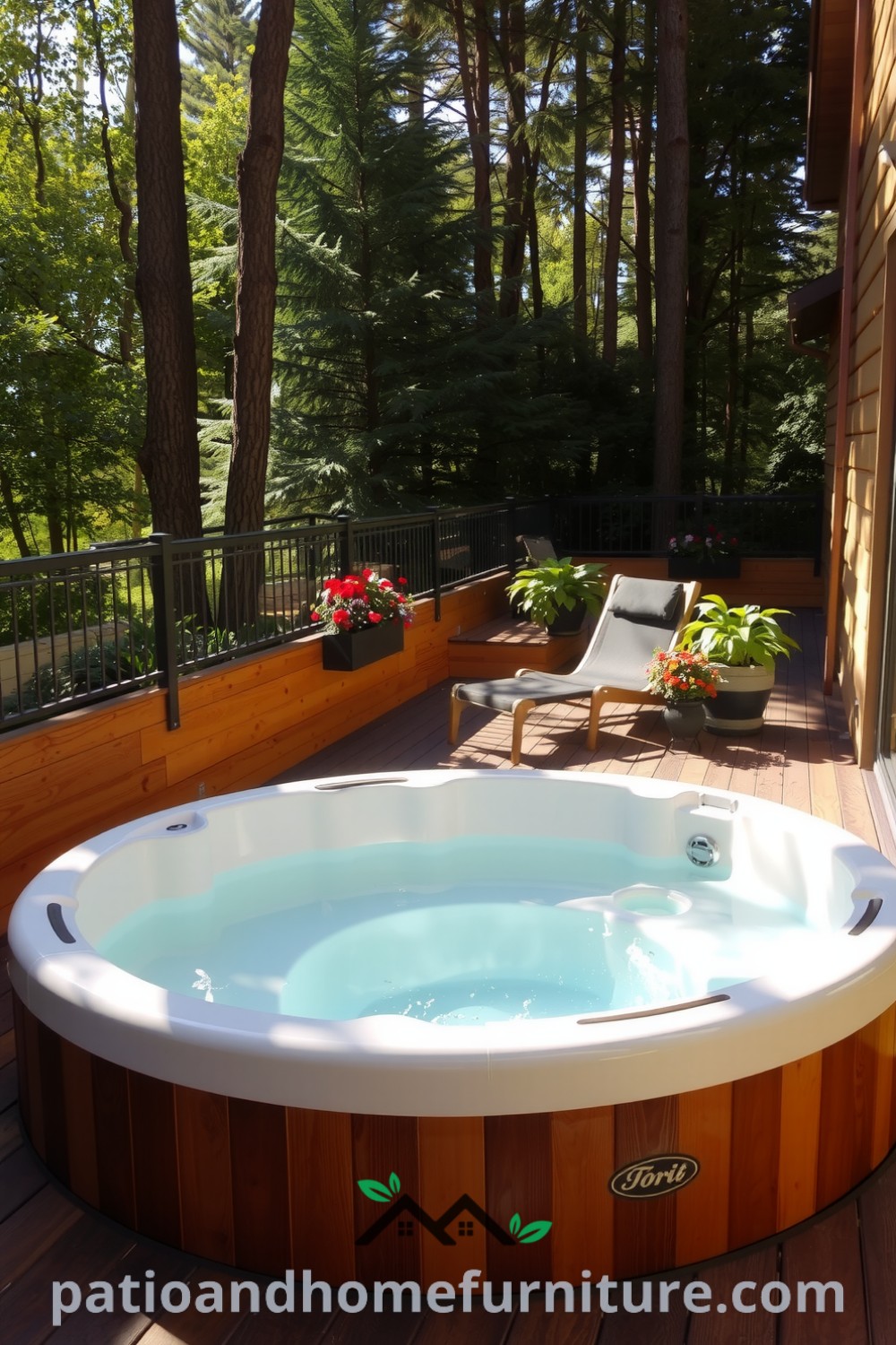 Deck-integrated hot tub surrounded by weathered wooden planks, lush greenery, and dappled sunlight creates a serene outdoor retreat, inspiring cozy decor ideas for your home at fireplacesandwoodstoves.com.