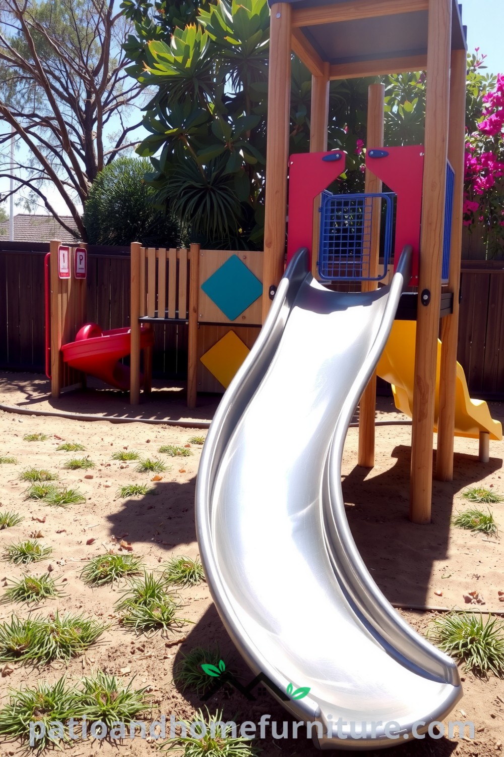 Colorful multi-activity play center with wooden structures and a glowing metal slide, surrounded by grass, inviting children