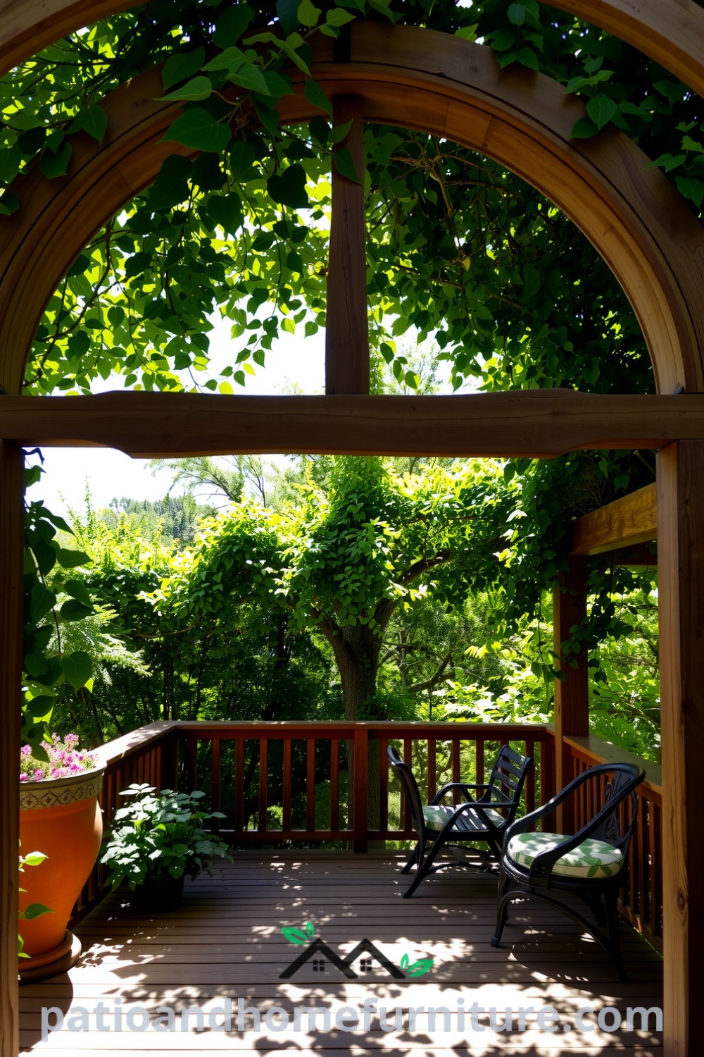 Outdoor pergola draped in vibrant vines and rustic wooden beams, offering a cozy retreat for gatherings, with sunlight filtering through and creating playful shadows, ideal for inspiring decor ideas for your home on fireplacesandwoodstoves.com.