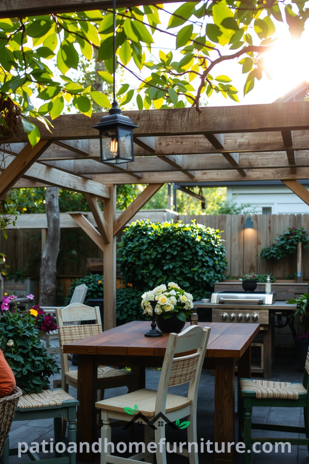 Cozy outdoor dining space with a rustic pergola, reclaimed wooden table, and mismatched chairs, adorned with flickering lanterns in a beautiful garden setting, perfect for inspiring design ideas for your home at fireplacesandwoodstoves.com.