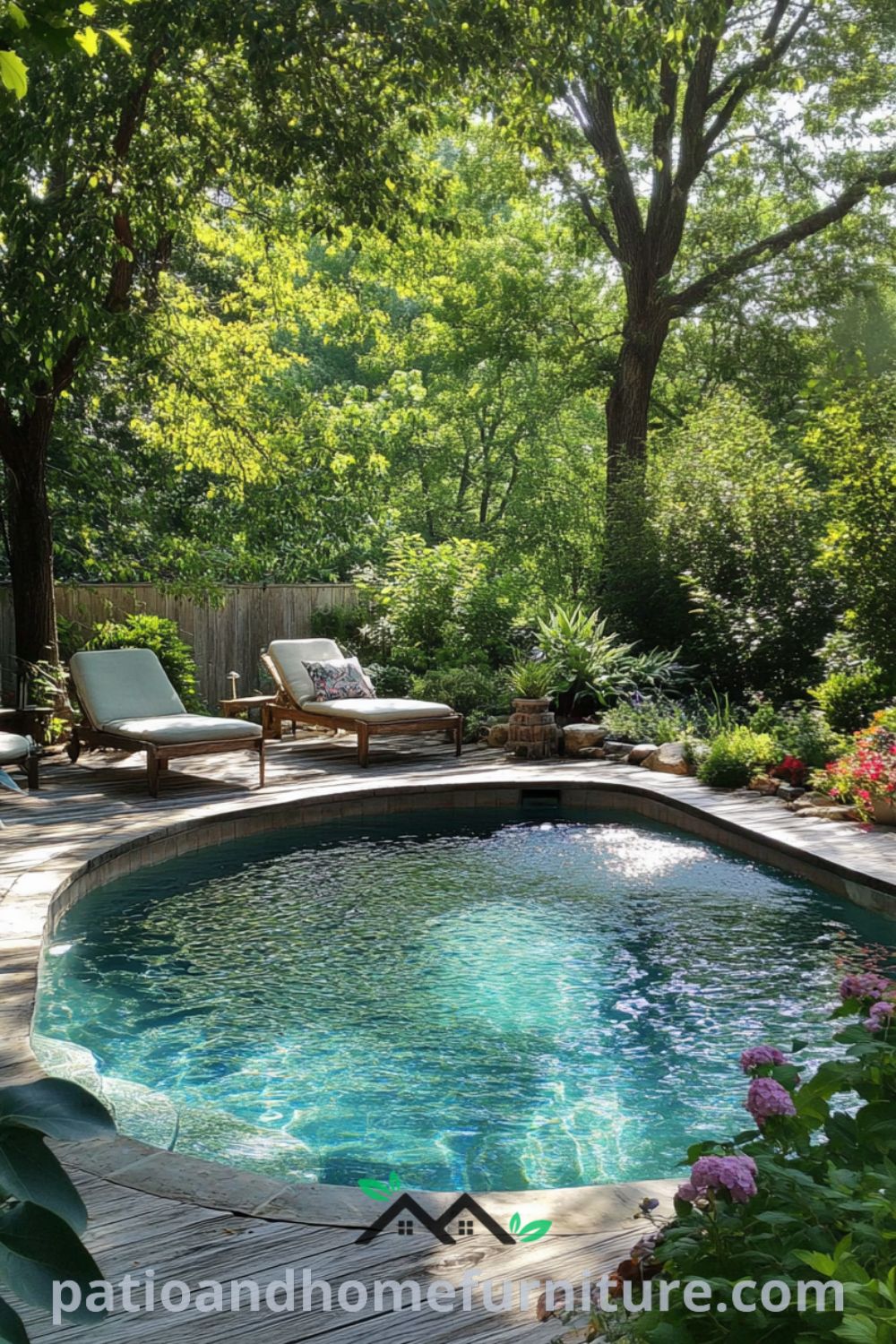 Above ground pool oasis surrounded by lush landscaping and vibrant flowers, perfect for cozy outdoor living space, featuring a cozy fire pit and inviting lounge chairs from patioandhomefurniture.com.