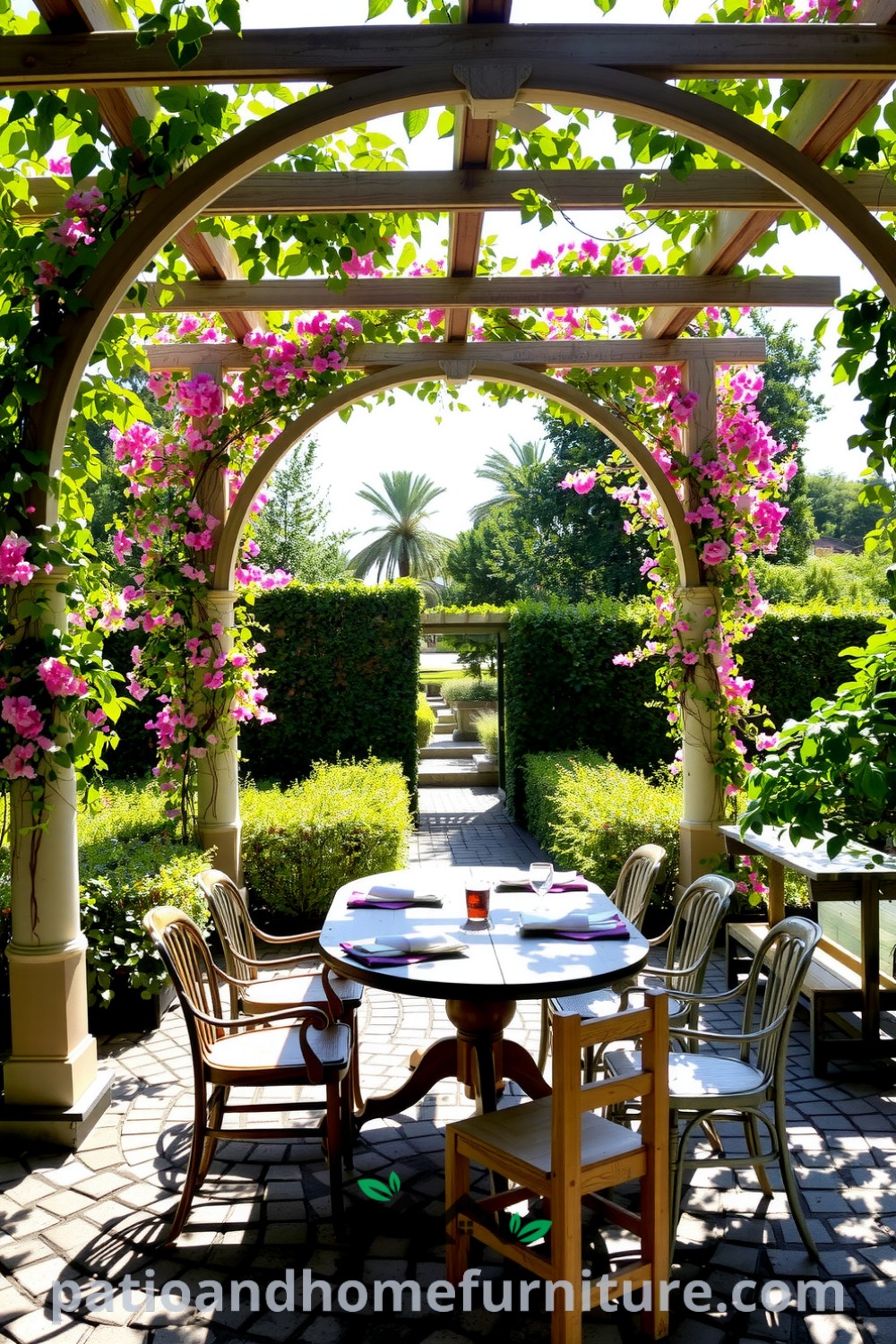 A charming garden pergola with weathered wooden beams entwined with vibrant vines, featuring a rustic table set for an afternoon gathering, surrounded by mismatched chairs, ideal for creating cozy outdoor moments, inspired decor ideas for your home at fireplacesandwoodstoves.com.
