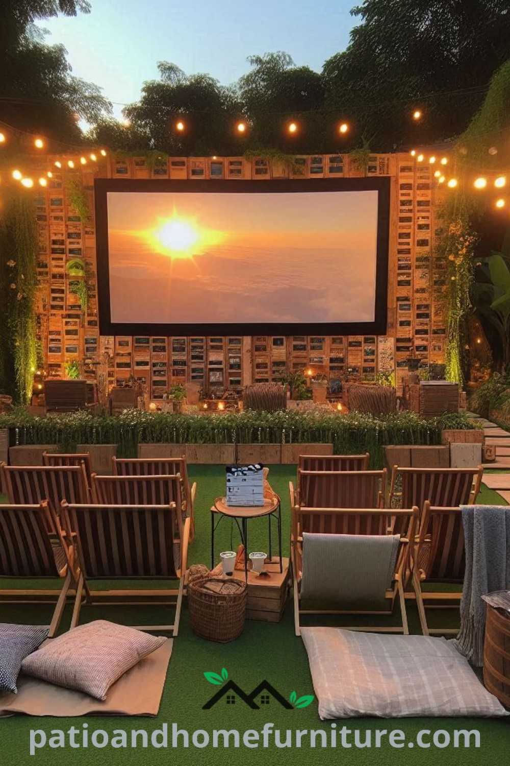 Outdoor movie theater setup in a backyard featuring cozy seating with string lights overhead, creating an inviting atmosphere for a perfect movie night, reflecting unique decor ideas and inspirations for your home from wellnesswink.com.