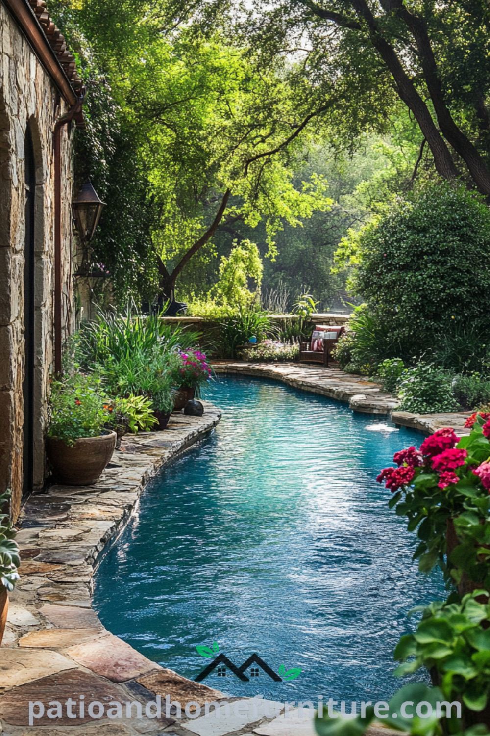 Backyard pool surrounded by natural stone, lush greenery, and vibrant flowers in wooden planters, creating a serene ambiance perfect for relaxation. Explore cozy ideas for your home at fireplacesandwoodstoves.com.