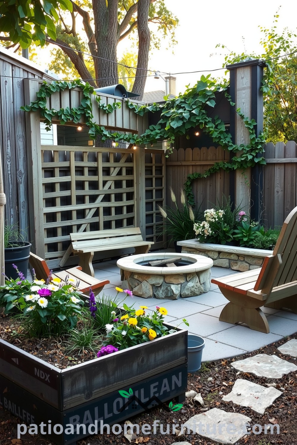 Charming backyard with a wooden lattice, stone fire pit, mismatched benches, and a garden box overflowing with herbs and flowers, creating a cozy home atmosphere perfect for gatherings and relaxation, featured on fireplacesandwoodstoves.com.