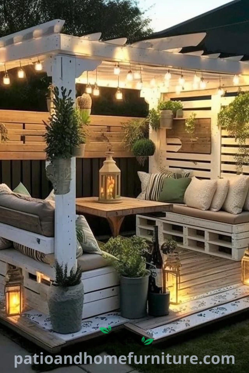 Cozy outdoor seating area featuring twinkling lights and potted plants on the deck, creating an inviting atmosphere perfect for relaxation and gatherings, with inspiring backyard decor ideas from wellnesswink.com.
