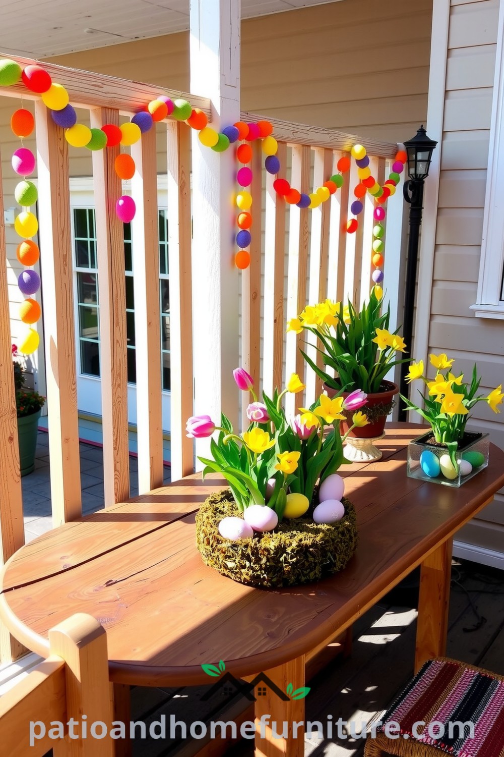 Brightly colored egg garlands adorn a weathered wooden railing, complemented by vibrant tulips and daffodils in pots, while a rustic table with a pastel egg centerpiece creates an inviting spring atmosphere, showcasing cozy ideas and decor inspirations from fireplacesandwoodstoves.com.