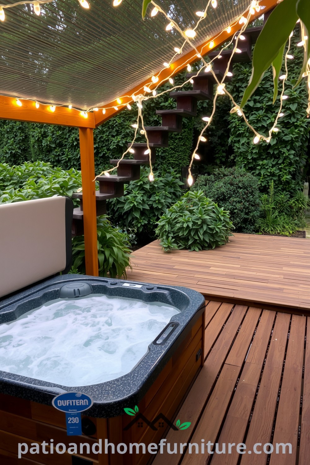 Cozy hot tub surrounded by fairy lights and lush greenery on a wooden deck, creating a serene outdoor retreat with inspiring decor ideas for your home, featured at fireplacesandwoodstoves.com.
