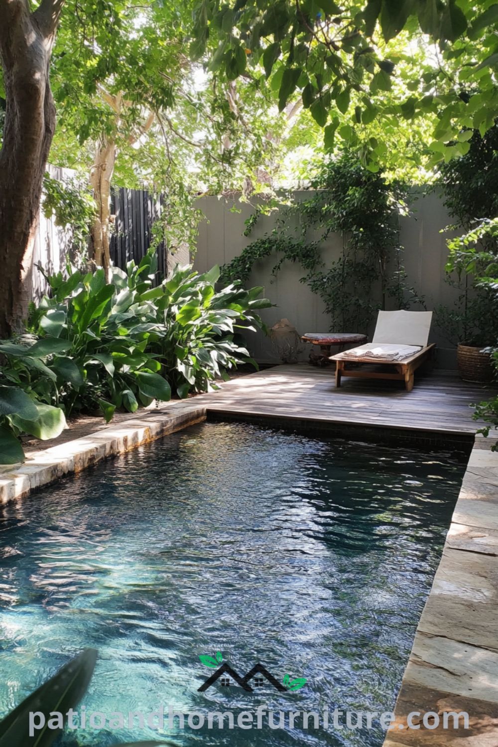 Charming backyard pool surrounded by weathered stone tiles and lush greenery, featuring an uneven wooden deck for lounging, offering cozy ideas and inspirations for your home at fireplacesandwoodstoves.com.