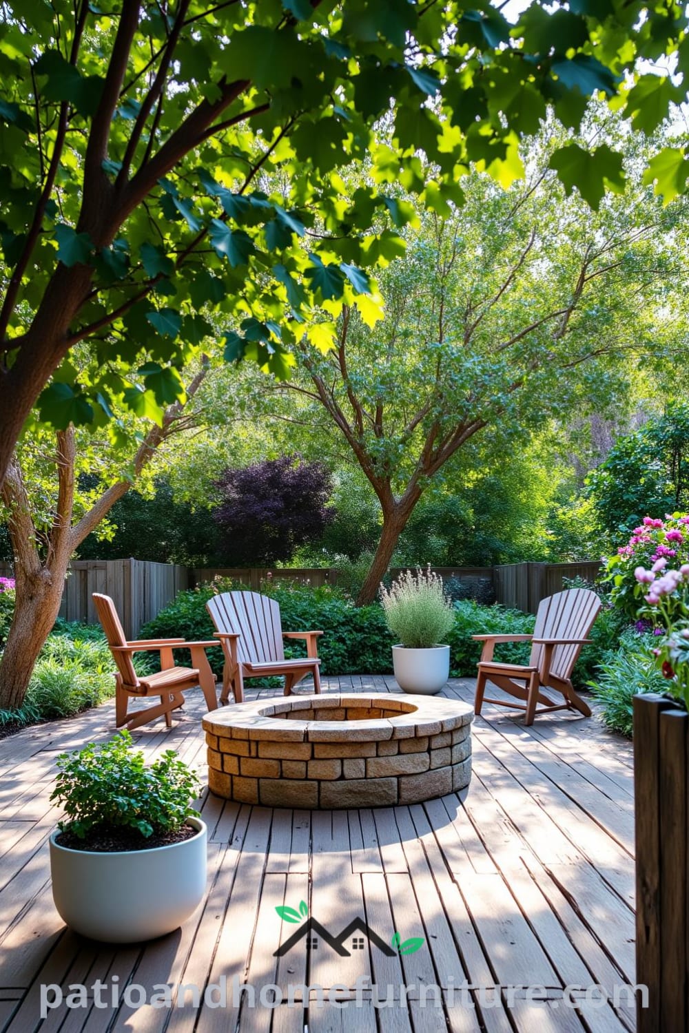 Cozy backyard oasis featuring a wooden deck, colorful wildflowers, a rustic stone fire pit surrounded by mismatched chairs, and a picnic table with potted herbs, showcasing inviting decor ideas for your home at fireplacesandwoodstoves.com.