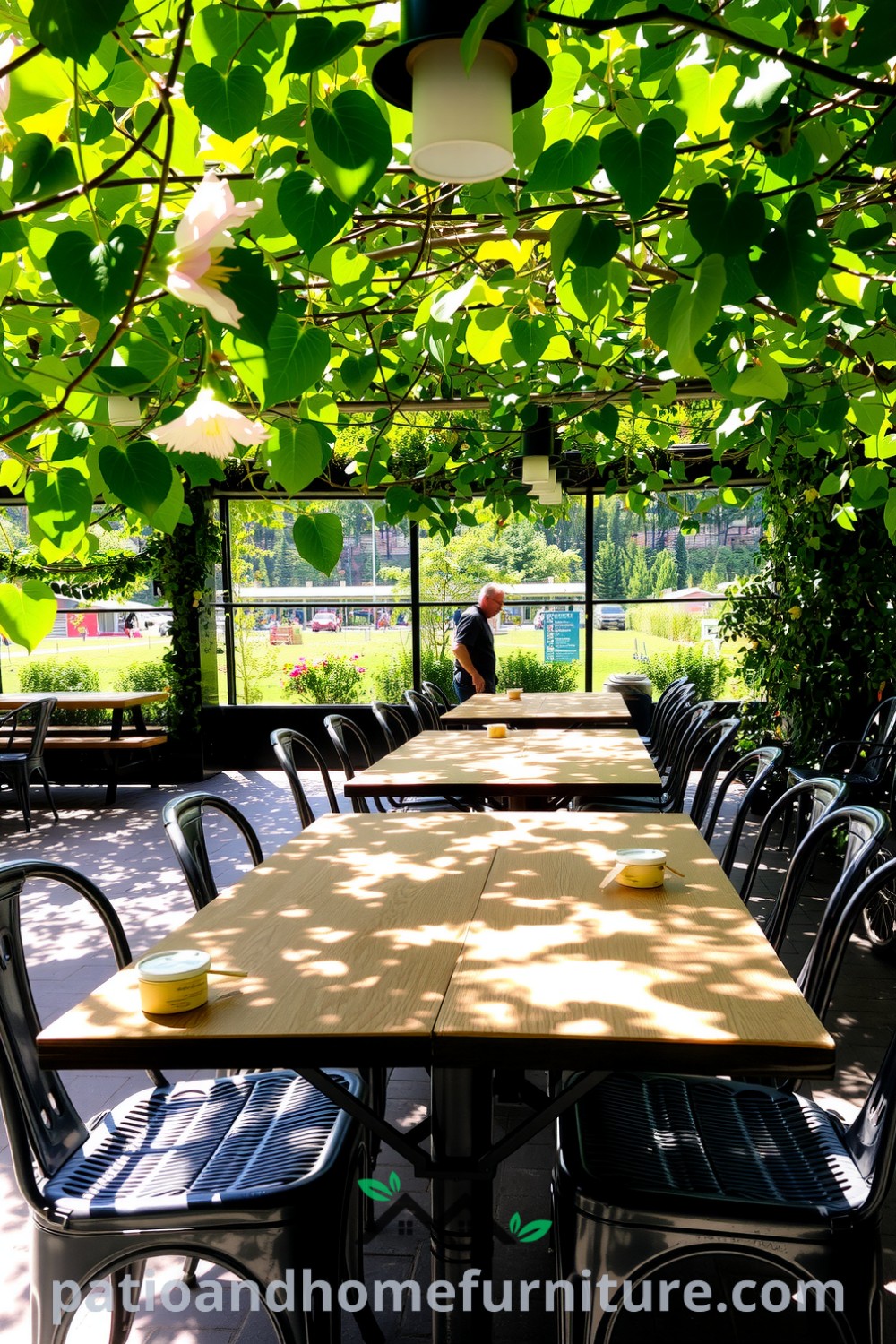 Outdoor dining area featuring weathered wooden tables and rustic metal chairs beneath a canopy of leafy vines, creating a cozy atmosphere perfect for lingering meals with friends, with fresh flowers and the scent of grilled food, inspiring unique ideas for your home at fireplacesandwoodstoves.com.